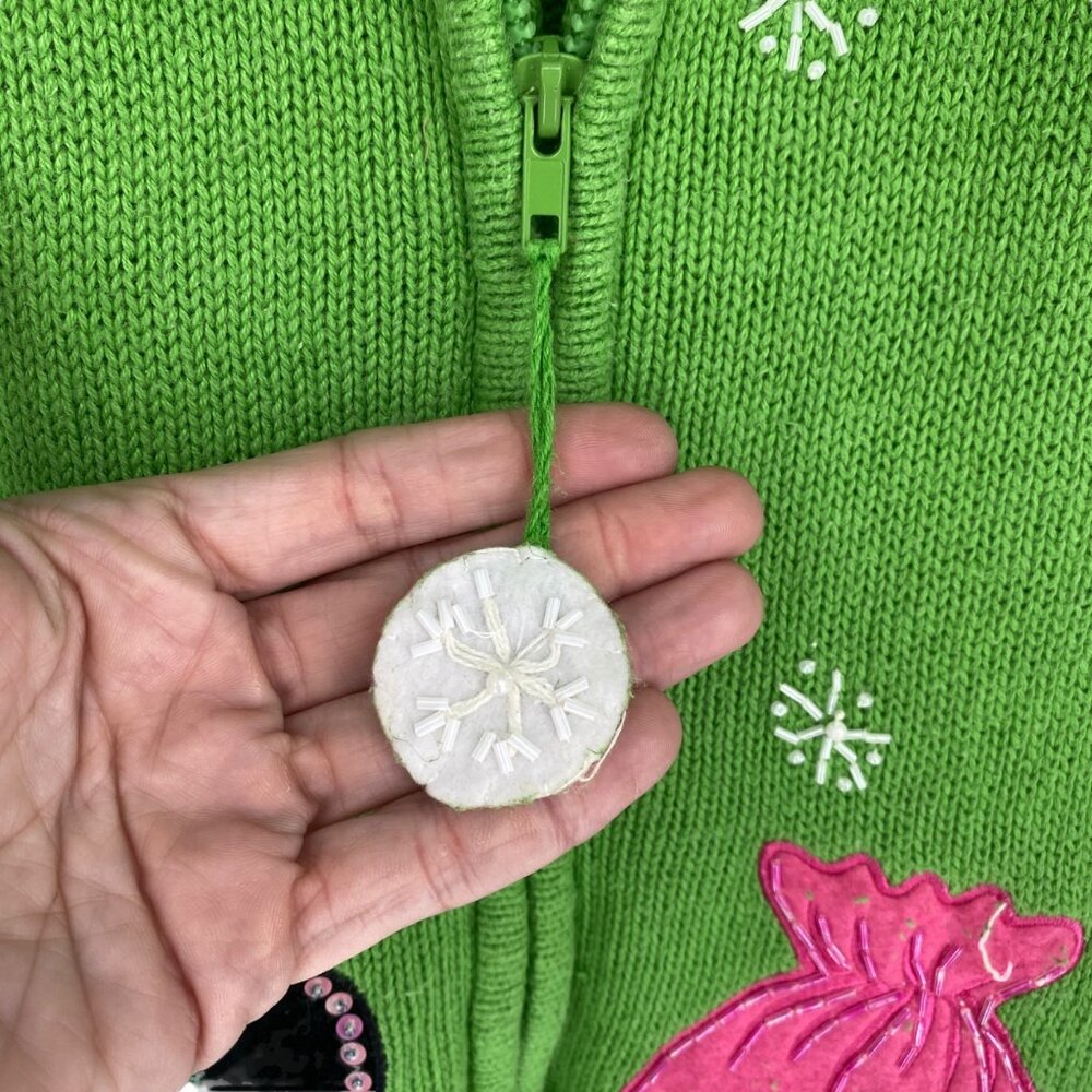 Tiara International Xmas Sweater 26/28 Green Zip Front Snowmen Cozy Holiday Wear - Picture 3 of 13